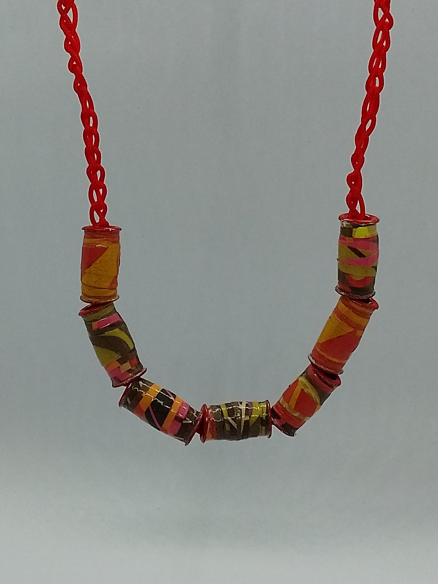Cocoa Spice Paper Bead Red Cord Necklace 