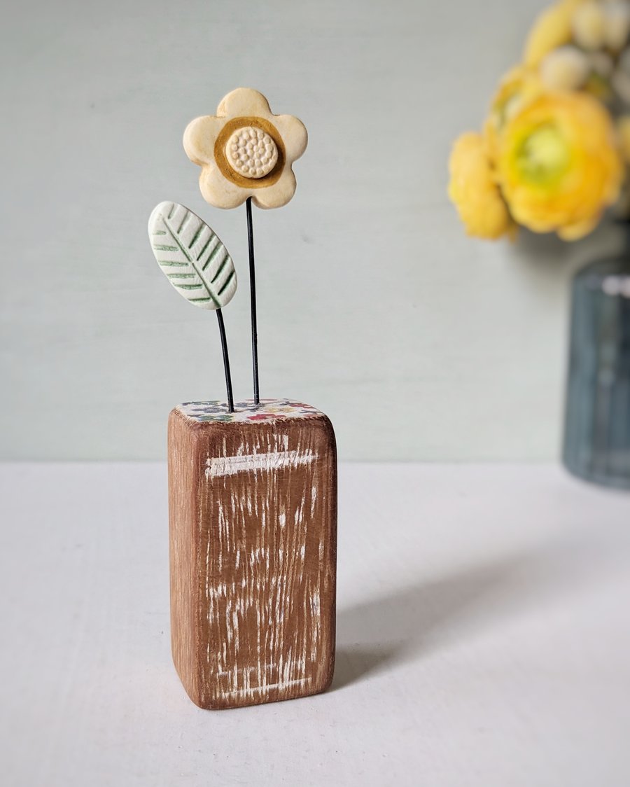 Perfectly Imperfect Clay Flower and Leaf in a Wood Block