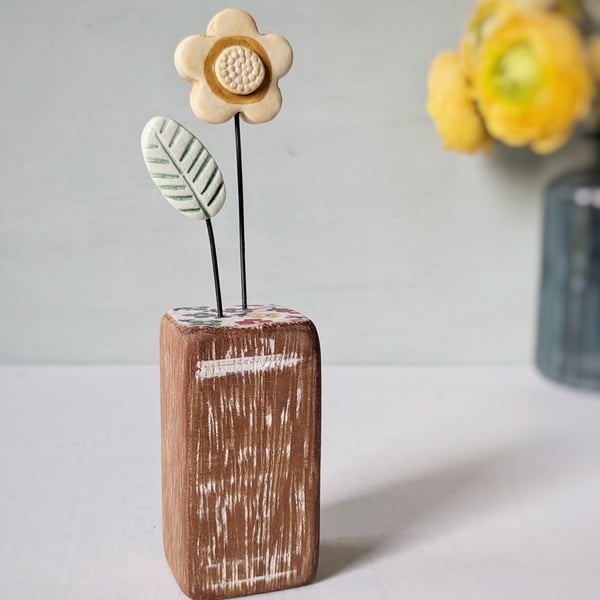 Perfectly Imperfect Clay Flower and Leaf in a Wood Block