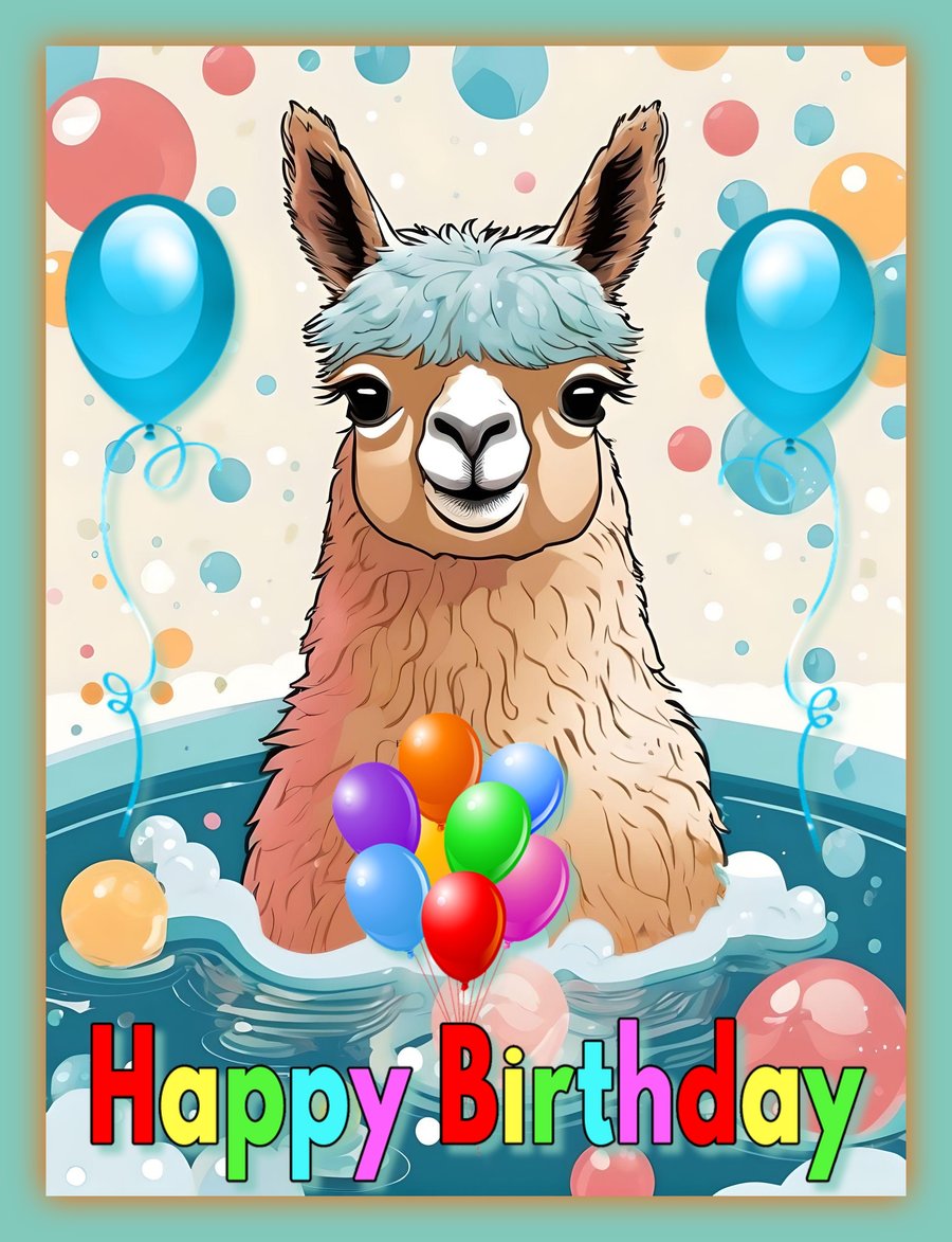 Alpaca Llama  in Bath Birthday Card A5