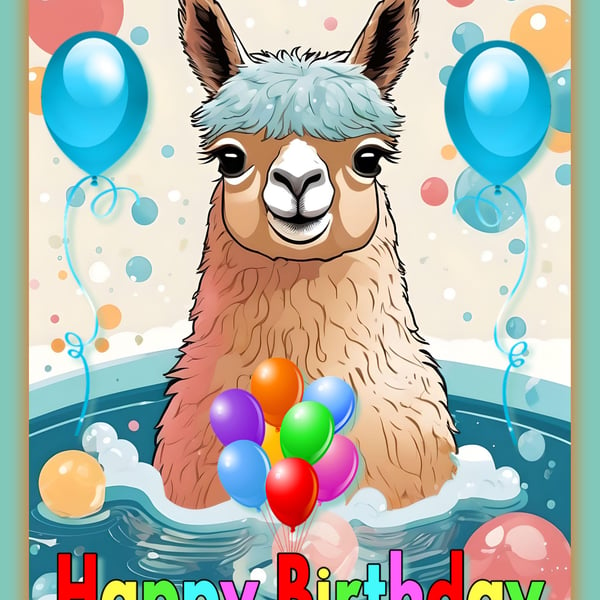 Alpaca Llama  in Bath Birthday Card A5