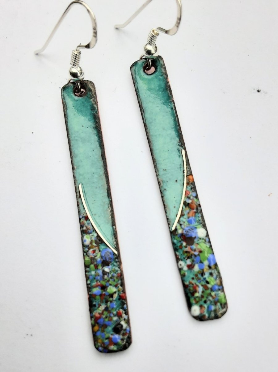 LONG SLIM ENAMELLED EARRINGS WITH STERLING SILVER WIREWORK CELADON GREEN
