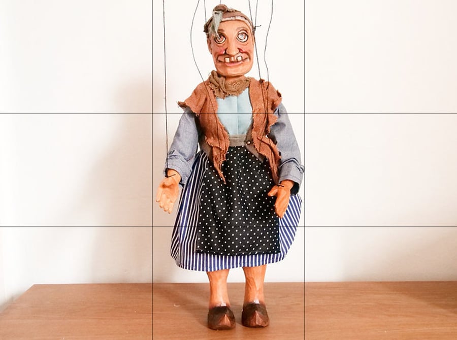 Hand Carved Wooden Witch Marionette Puppet