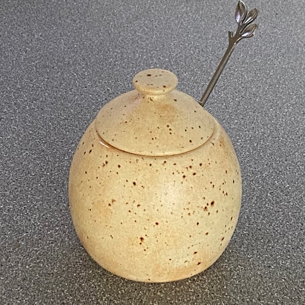 Sugar Bowl, Jam Pot, with Leafy Spoon Oatmeal Glaze