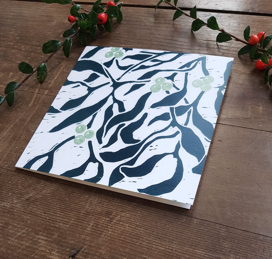 10 Mistletoe Christmas cards,Christmas card set, woodcut, woodblock print