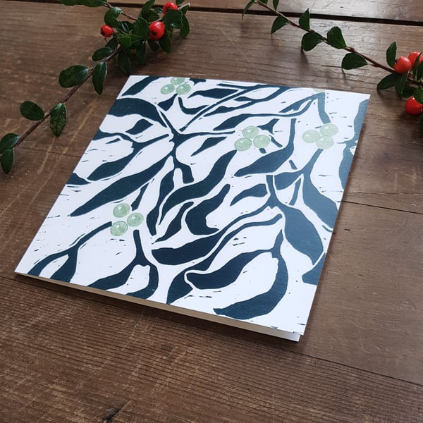 10 Mistletoe Christmas cards,Christmas card set, woodcut, woodblock print