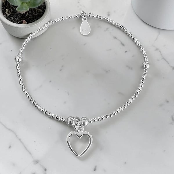 Sterling Silver Open Heart Charm Stretch Bracelet 925