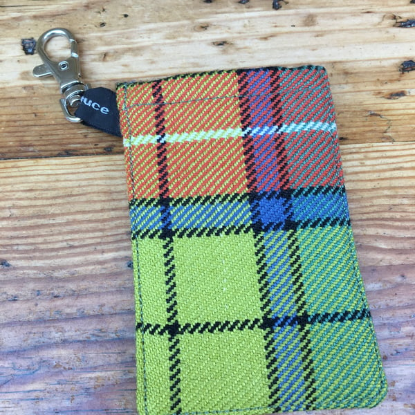 Card holder with key clip, Tartan wool fabric travel card & Oyster card sleeve