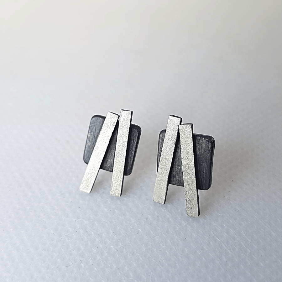 Square & Bar Stud Earrings in Silver with Patina - Gift-Boxed with Free Delivery