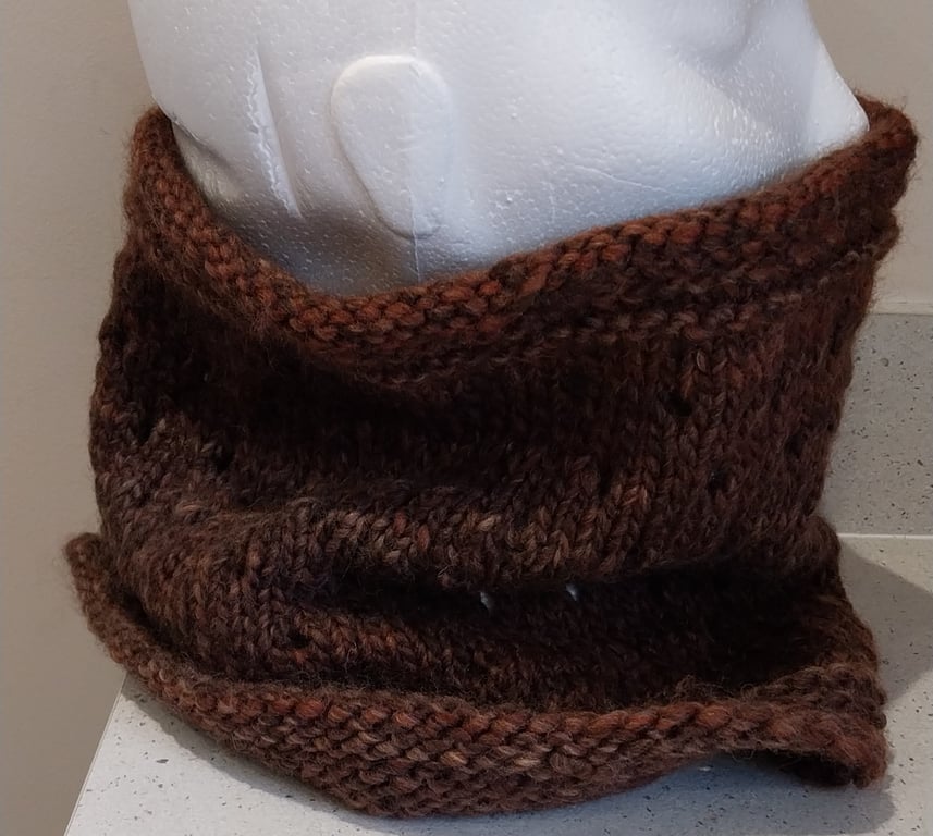 Handknit Chunky Wool EYELET COWL in Rich Browns