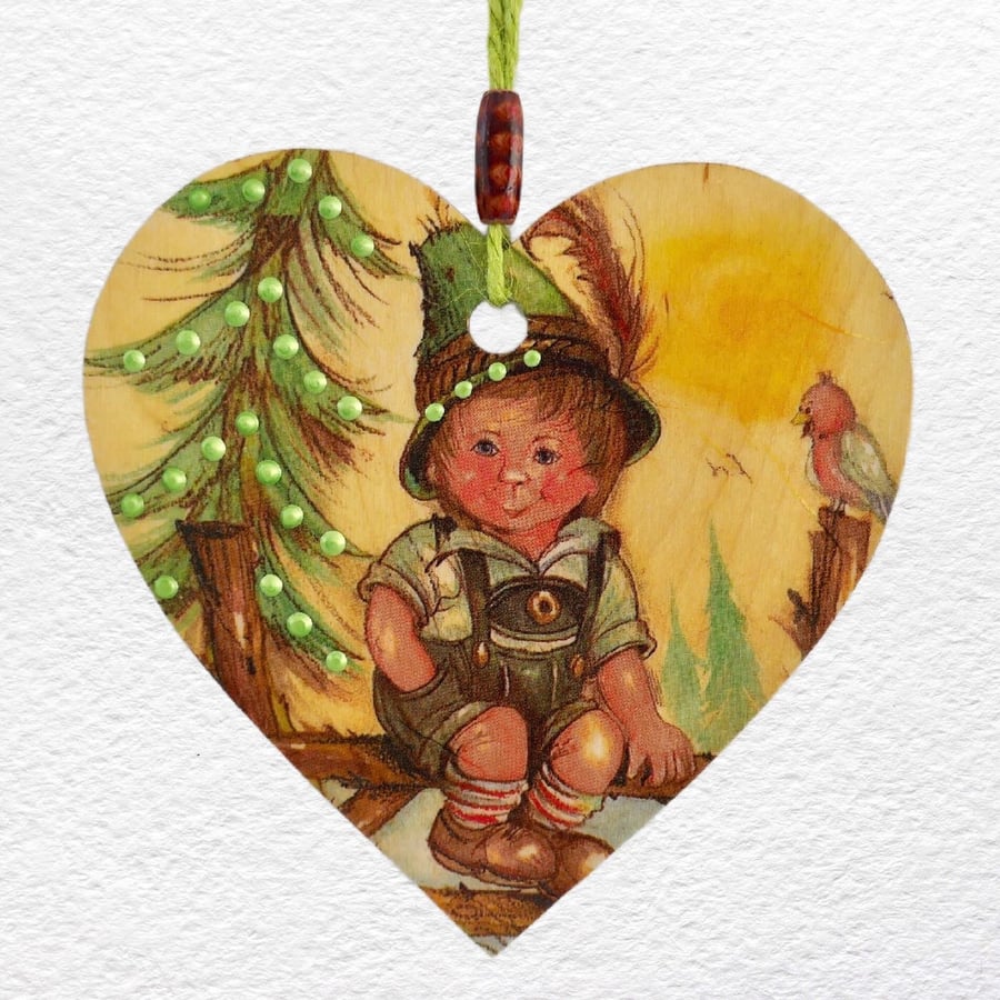 Decoupaged Wooden Hanging Heart 15cm (6"): Tyrollean Boy design