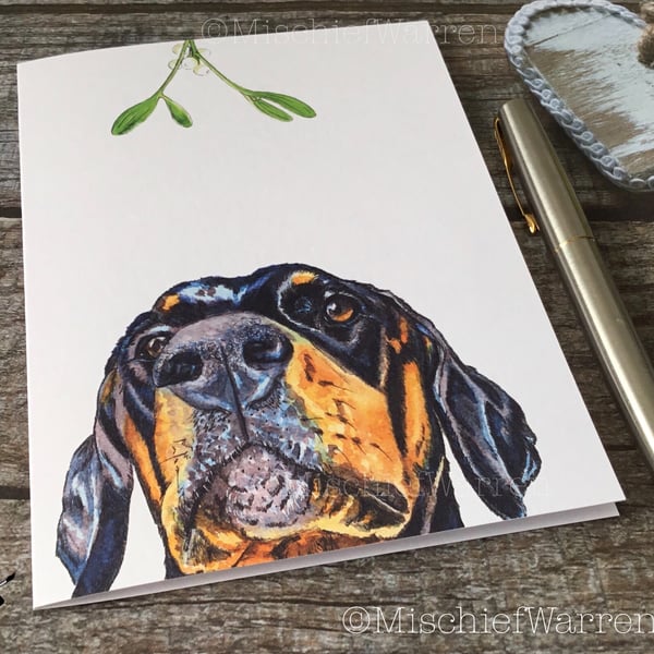 Doberman Christmas Card. Doberman dog handmade Christmas card.