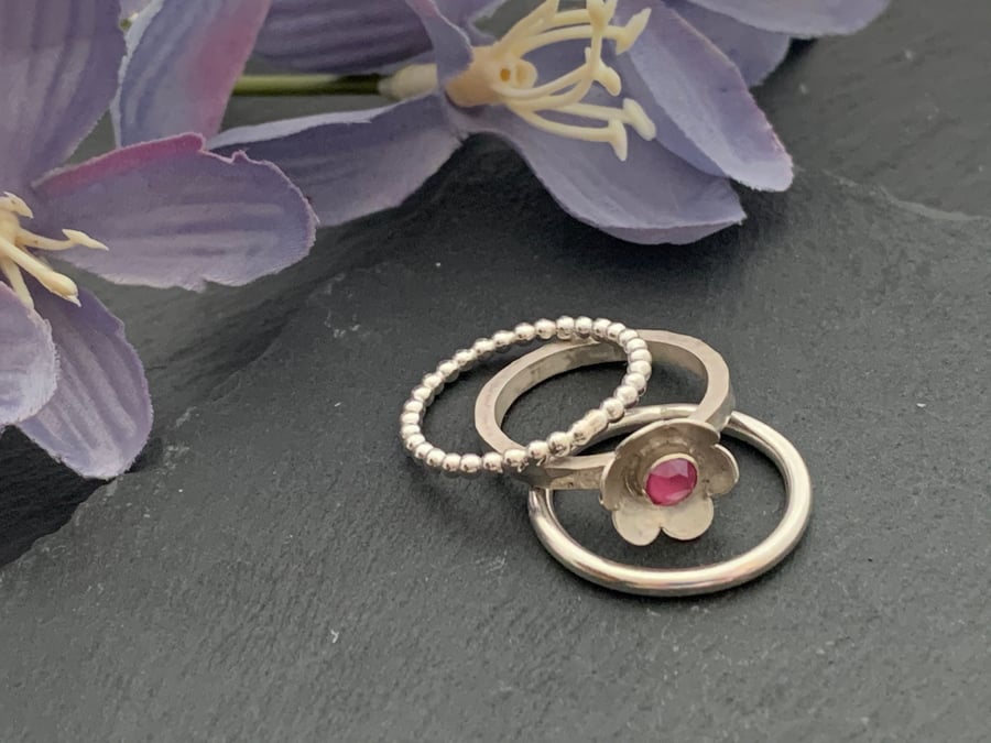 Sterling Silver and Swarovski Flower Stacking ring set - more colours available