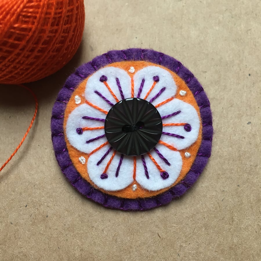 Purple Orange and White Embroidered Retro Folk Art Flower Felt Brooch 