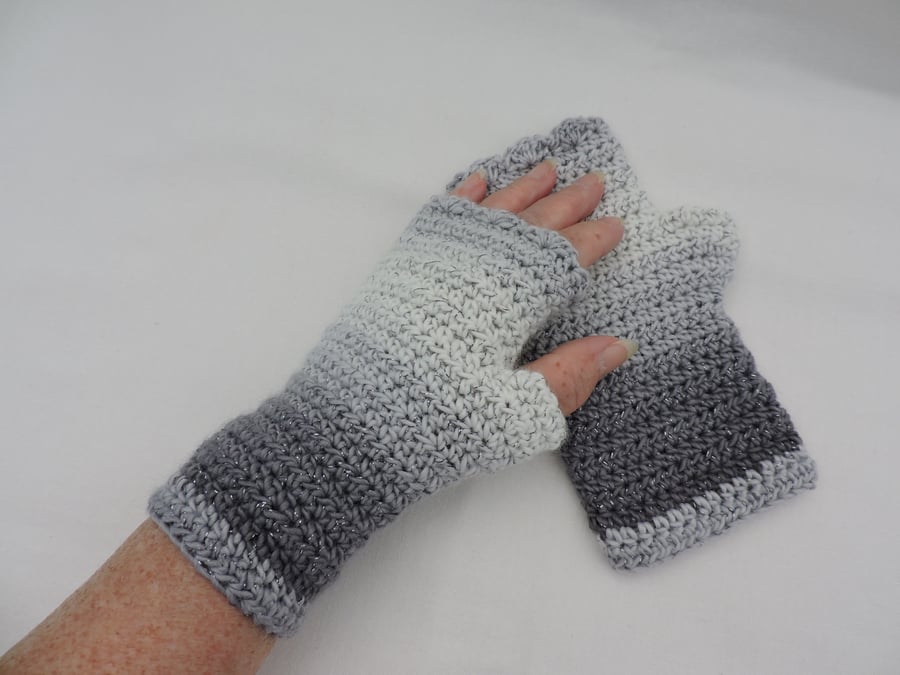 Fingerless Crochet Mitts Adults Charcoal Light Grey White Silver
