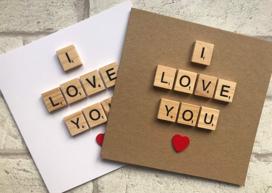 Handmade I Love You Card with Wooden Scrabble Tiles