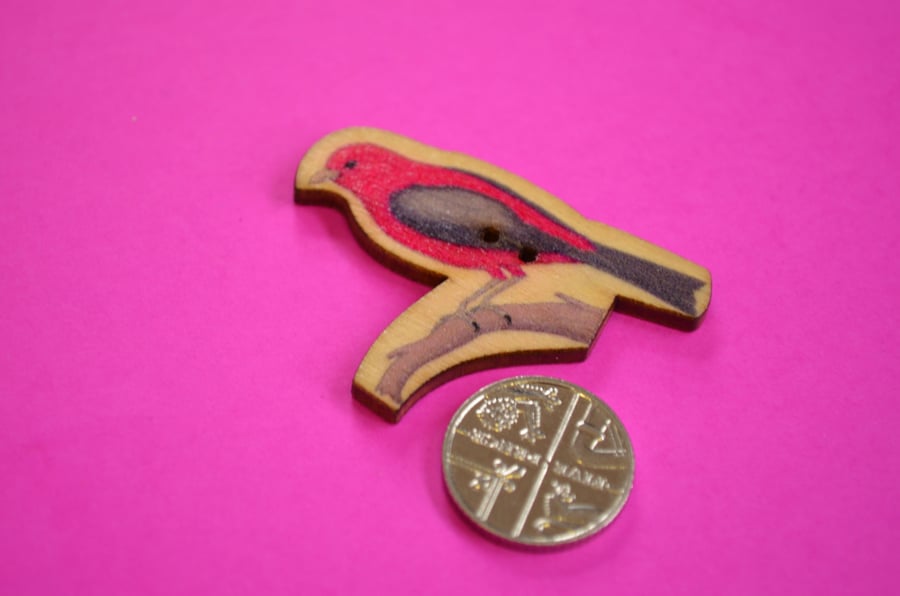 Wooden Bird Shaped Buttons 42x32mm Scarlet Tanager (BD15)