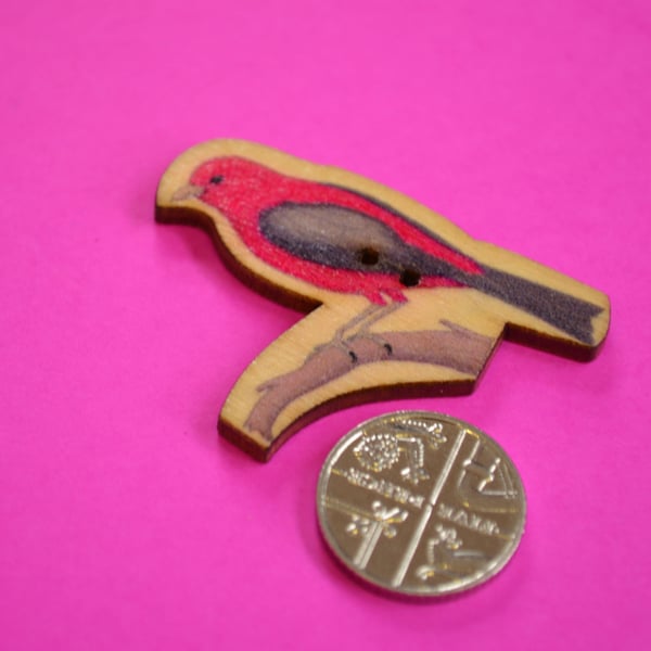 Wooden Bird Shaped Buttons 42x32mm Scarlet Tanager (BD15)