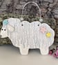 Ceramic sheep hanging decoration grey with flowers