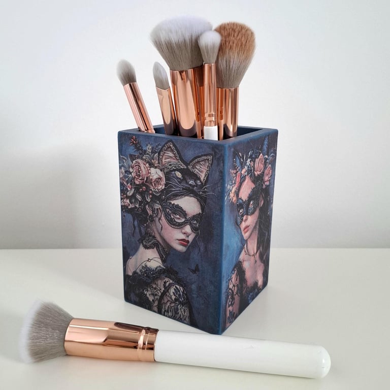 Hand-Painted Decoupaged Wooden Brush Holder, Floral Cat Mask Design