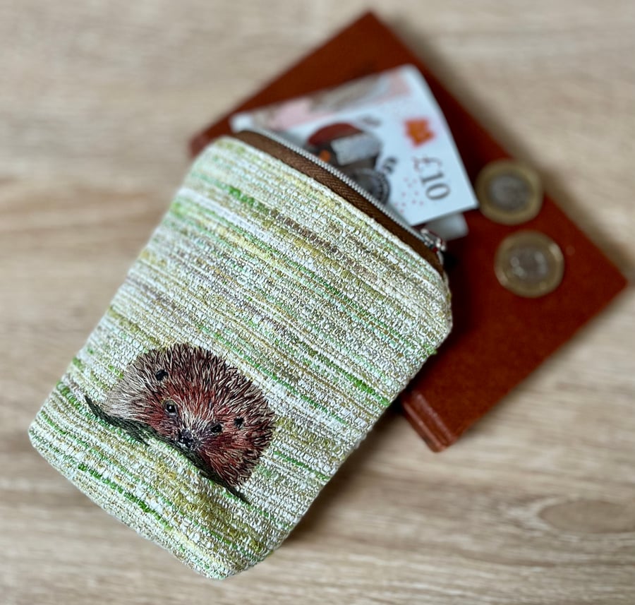 Perfectly Imperfect - zip coin purse with embroidered hedgehog