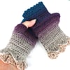 Fingerless Mittens with Dragon Scale  Purple Taupe Grey Blue