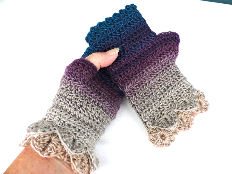 Fingerless Mittens with Dragon Scale  Purple Taupe Grey Blue