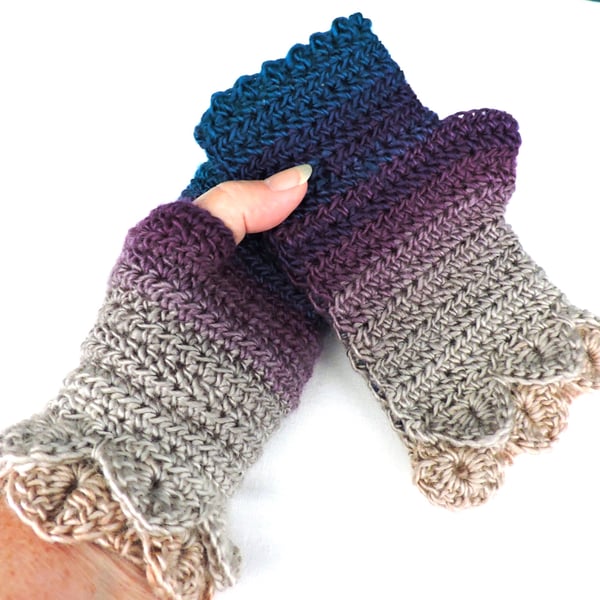 Fingerless Mittens with Dragon Scale  Purple Taupe Grey Blue