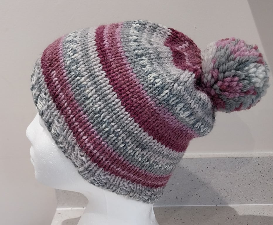 Handknit Bobble Hat. Fairisle effect Purple and Grey Small