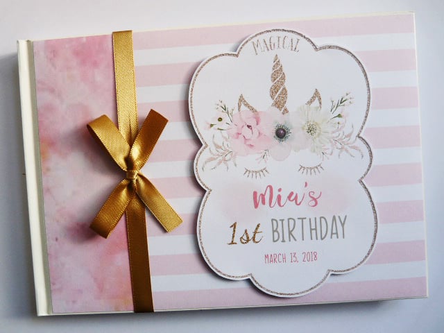 Sleeping unicorn birthday guest book, pink and gold unicorn birthday