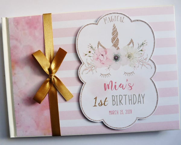 Sleeping unicorn birthday guest book, pink and gold unicorn birthday