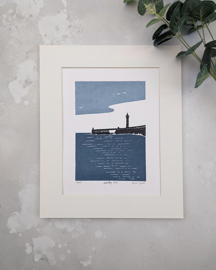 Whitby Harbour Print, North Yorkshire Coast Linocut Print