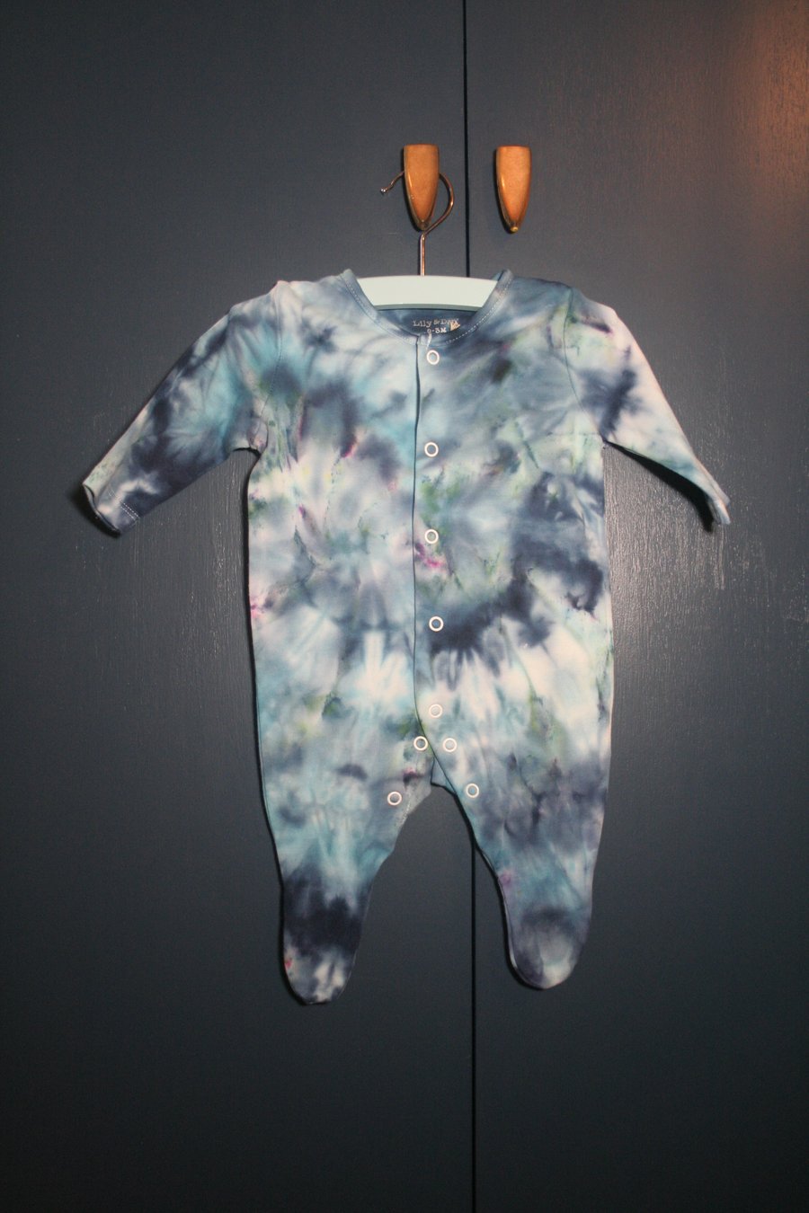 0-3 Months Baby Grow in Swirled Blue Ice Dye.