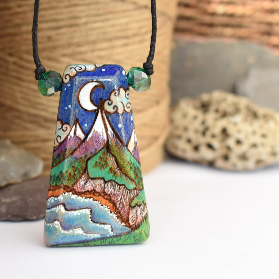 Moonlit beach, hand burned pyrography pendant. Wood gift for an adventurer.