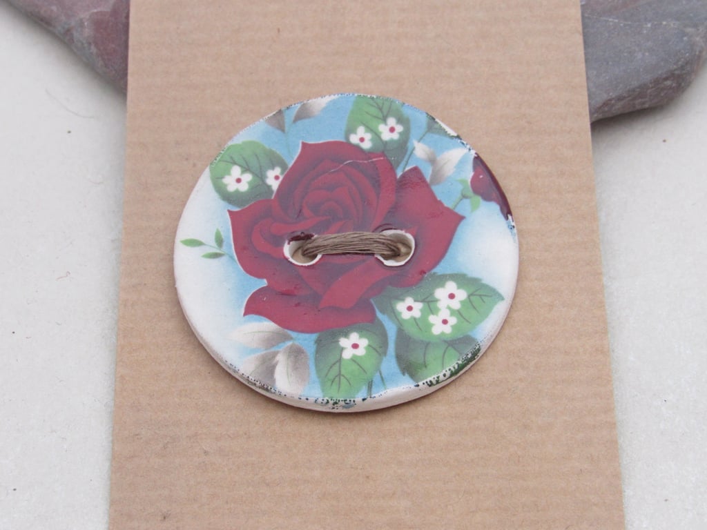 Large Retro Rose Flower Motif Ceramic Button