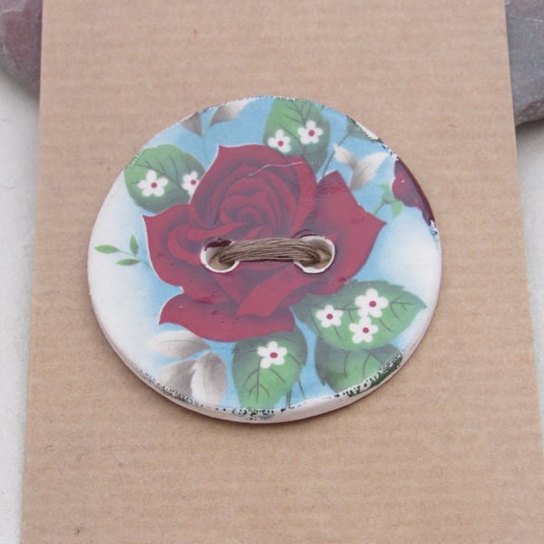 Large Retro Rose Flower Motif Ceramic Button