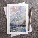 Blue Landscape With Birds. Blank Card. Original Painting