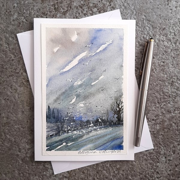 Blue Landscape With Birds. Blank Card. Original Painting