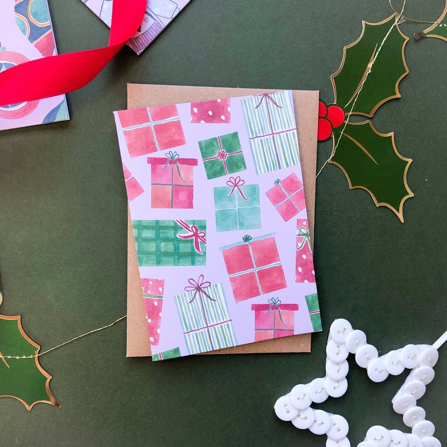 Retro Christmas Presents Card Single A6 Card, Set of 5 Hand Painted Gifts Illust