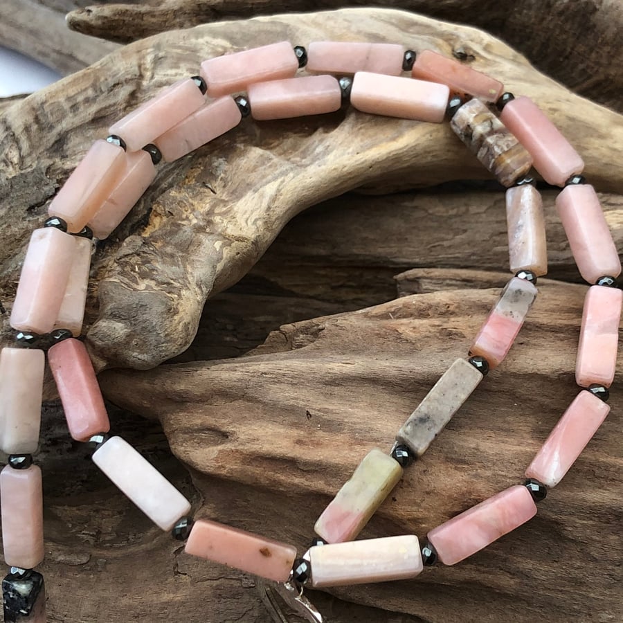 Andean pink opal & hematite beads with solid silver fastener -00000145