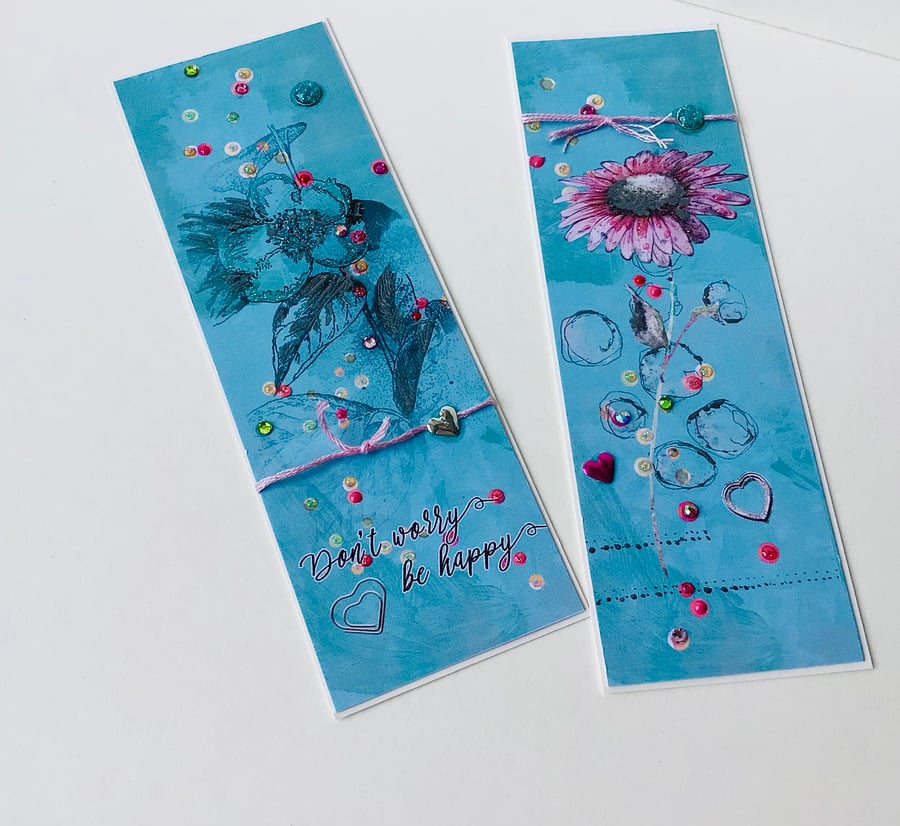 Bookmarks Set of Two,Printed Handfinished Floral Collage Design 