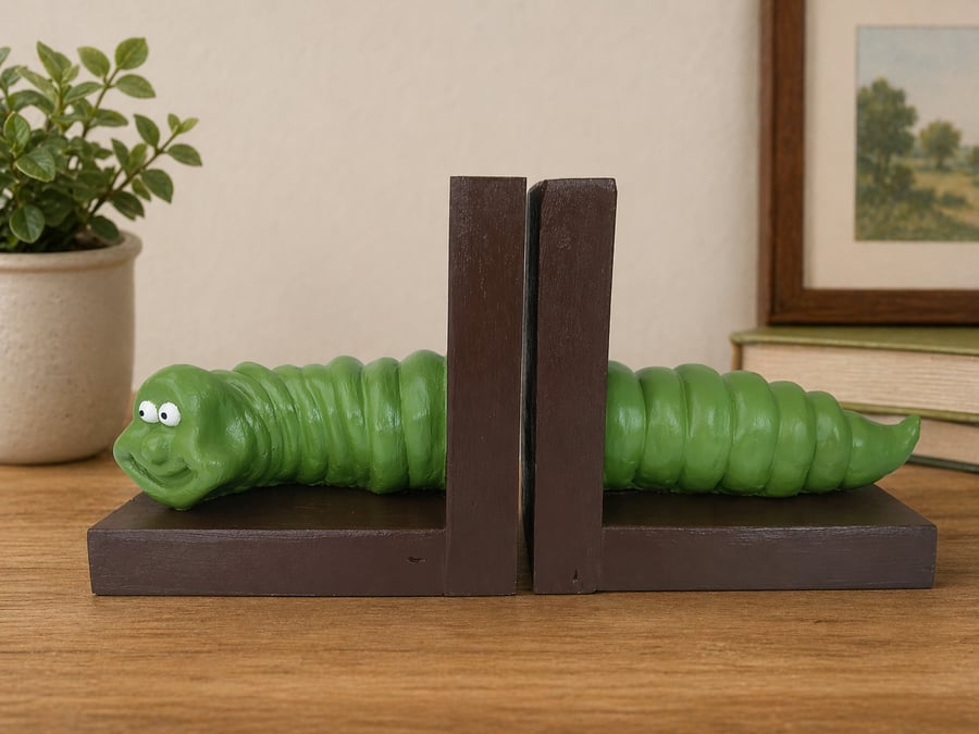 Heavy Bookworm Bookends Cute Green Comical Worm Caterpillar Character 