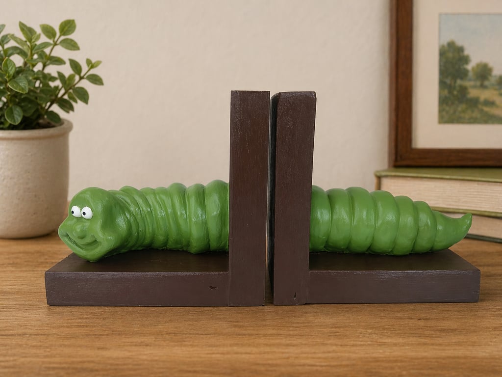 Heavy Bookworm Bookends Cute Green Comical Worm Caterpillar Character 