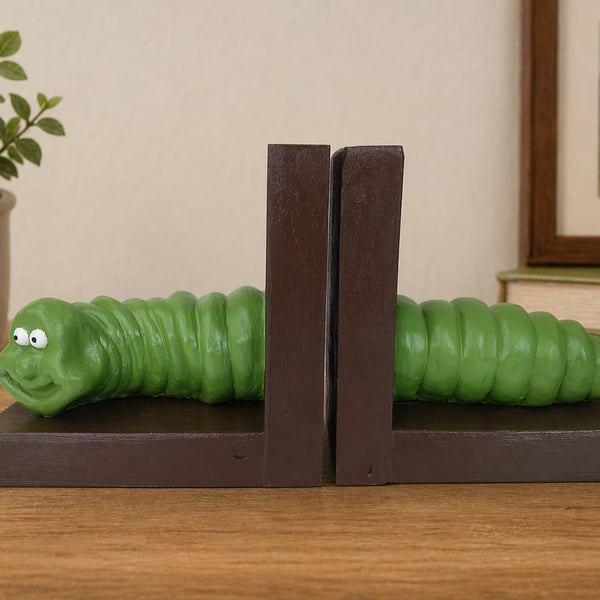 Heavy Bookworm Bookends Cute Green Comical Worm Caterpillar Character 