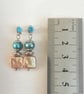Blue oval & golden square cultured pearl, dangle earrings, cubic zirconia stud - Image 9