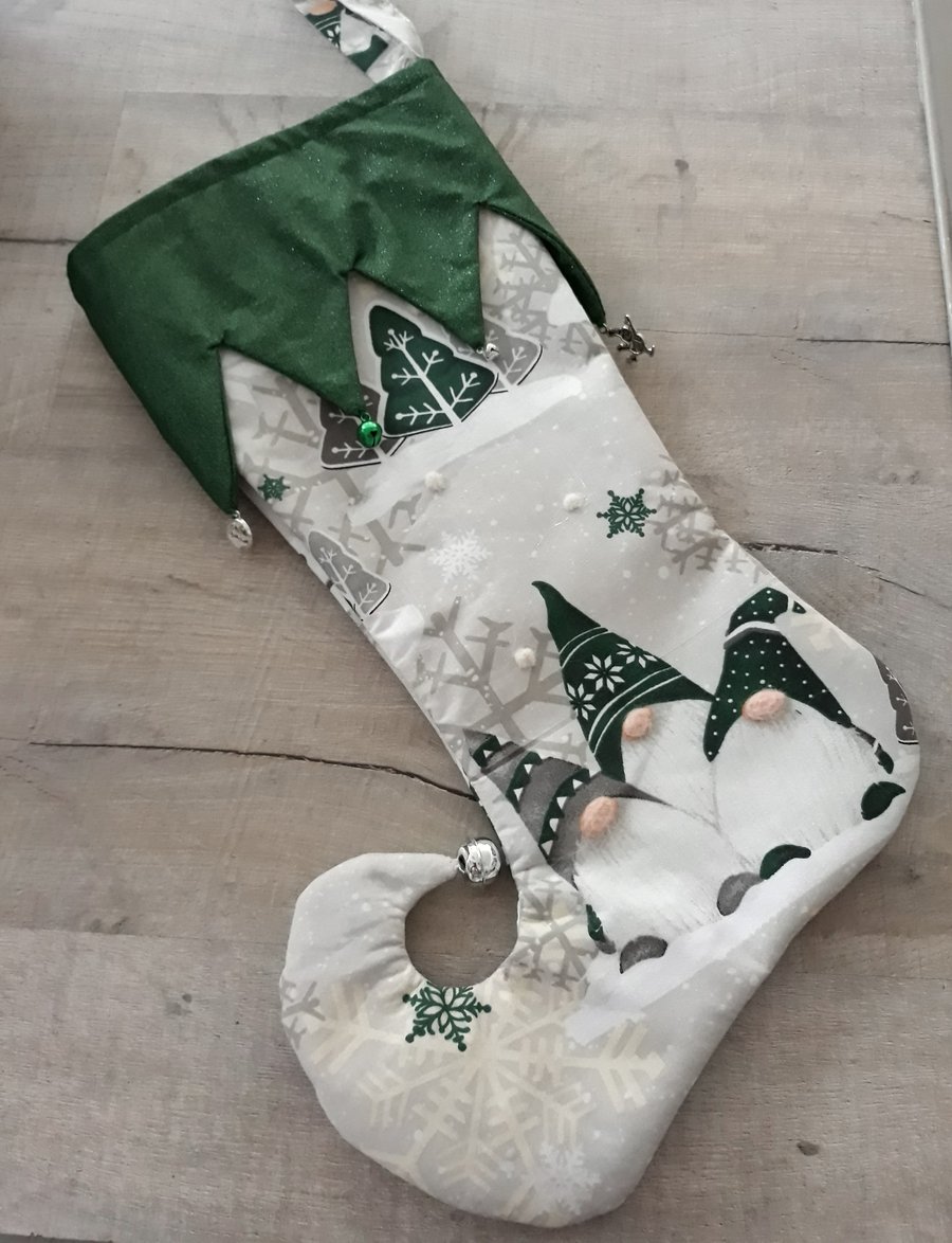 Christmas Elf stocking with green gnomes, bells and charms. (Ref CSBG4)