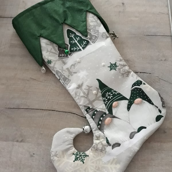 Christmas Elf stocking with green gnomes, bells and charms. (Ref CSBG4)