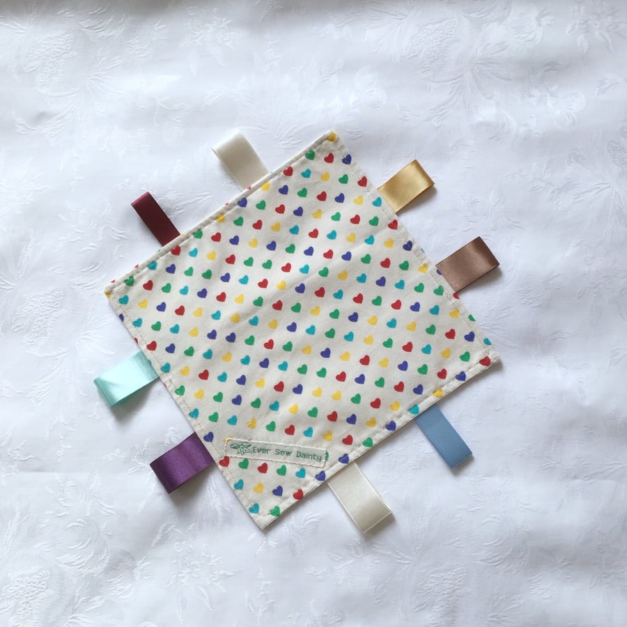Taggie blanket, baby comforter, cream, hearts, newborn, baby shower, taggie,    