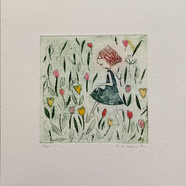 Tiptoe through the Garden.   Handmade Collagraph print - summer theme