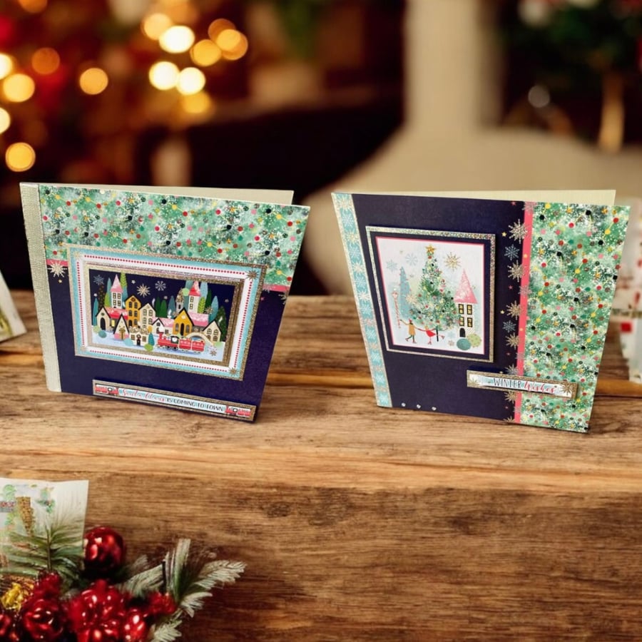 Handmade Festive Village Christmas Cards – Set of 2 Square Cards 